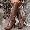 Spitze Damen Moderne Lange Stiefel PU Leder Braun Kniehoch Dünne Hohe Stiefel Damen Mode Seitenreißverschluss Bottes Femmes