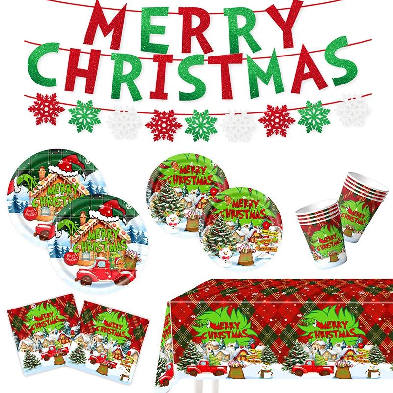 Christmas Themed Party Decor Banners Tablecloths Paper Plates Cups Balloons Set Checkered Christmas Santa Claus Reindeer Snowmen