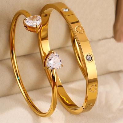 Yupsk Gold Plated Stainless Steel Heart Shape Zirconia Open Bracelet for Women Sparkling Zircon Valentine's Day Gift