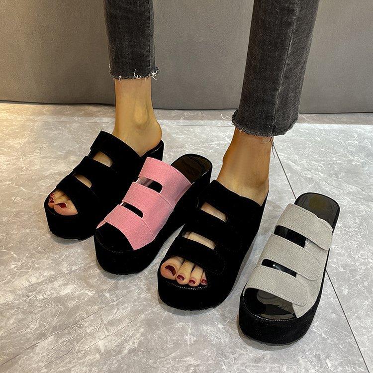 Foreign trade summer one-word drag muffin wedge heel waterproof table fish mouth cool slippers hollow inner height increase thick-soled high heels wom