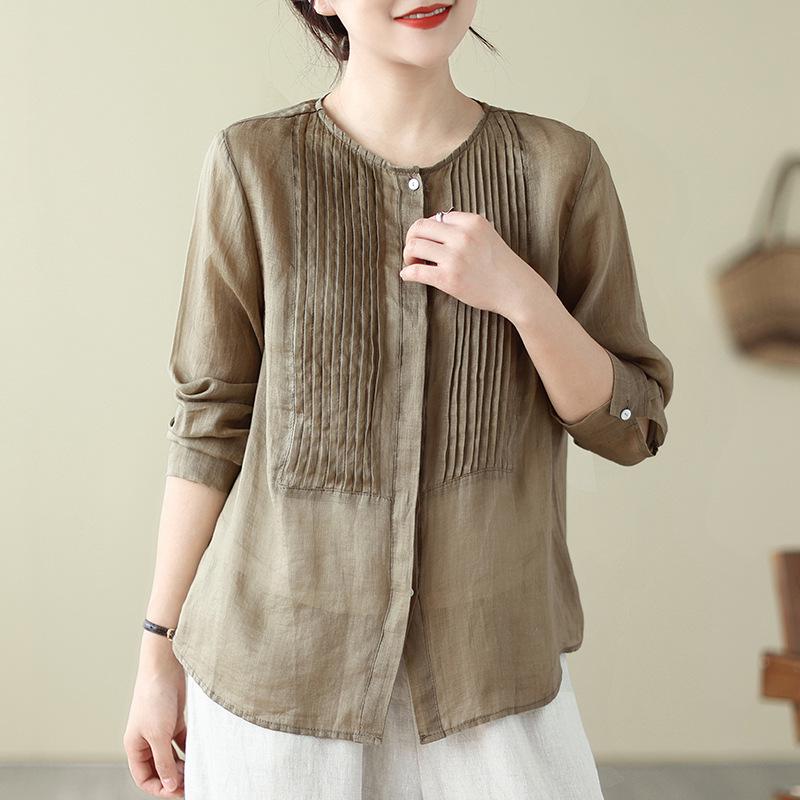 3133 Women s Artistic Cotton Linen Shirt: Japanese Style, Solid Color, Sun Protection XL