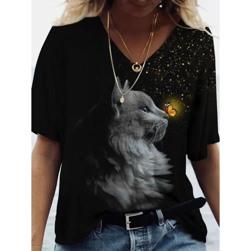Women's V-neck Short-sleeved T-shirt with Cute Kitten Print