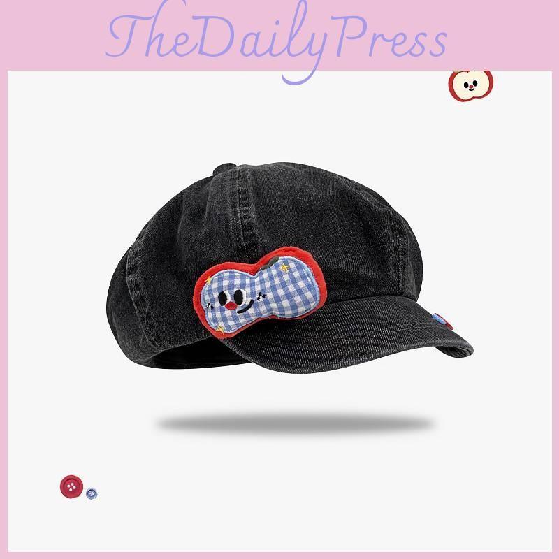 Fruit Apple Button Denim Beret Hat With Cloud Design For Womens Spring Casual