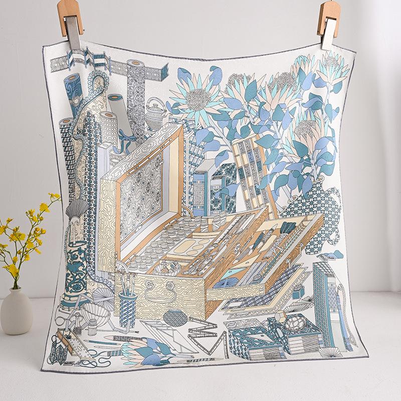 [Flower dill fireworks pattern] Handmade hemming 111% silk silk scarf Women's middle square scarf 61cm versatile tube top silk scarf