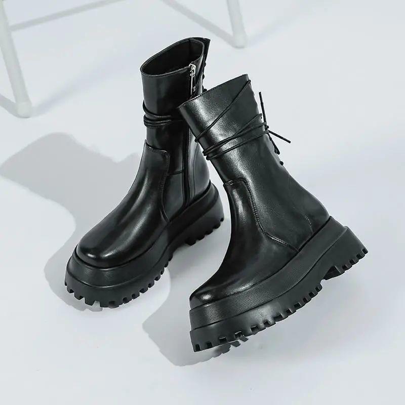 ZA full leather heightened platform Martin boots women's new short boots side zipper knight boots trendy rear lace-up medium boots RA