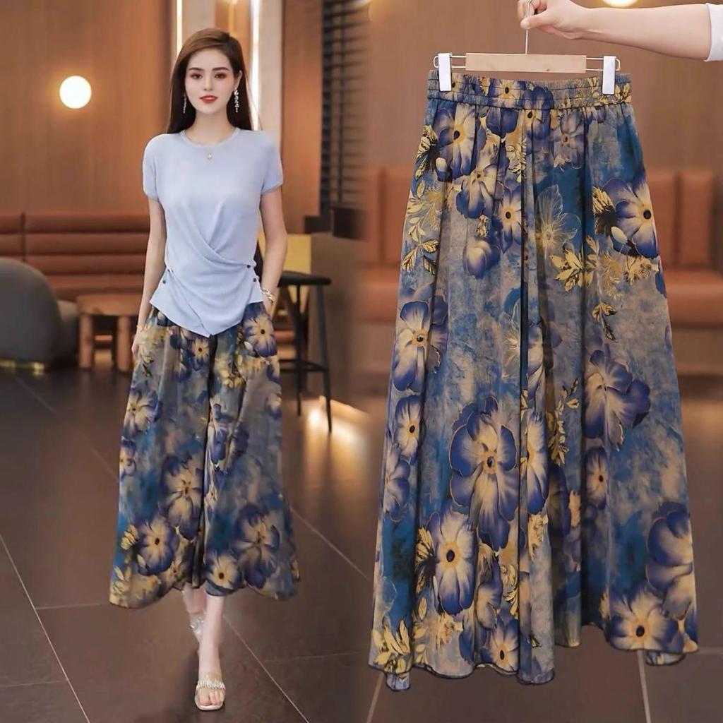 Plus-Size Ink Painting High-Waist A-Line Ice Silk Skirt Pants - Thin, Loose, Versatile Style for Women