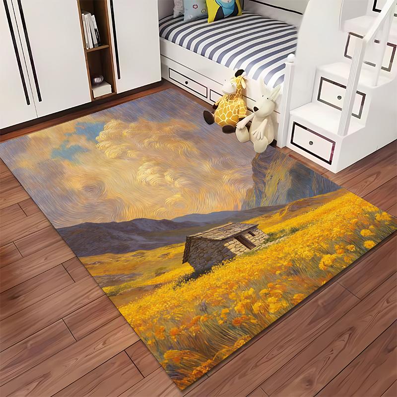 Yellow Field Cottage Landscape Printed Carpet, Van Gogh Style Decor Suitable for Use As an Anti-slip for Living Room Bedroom Sofas