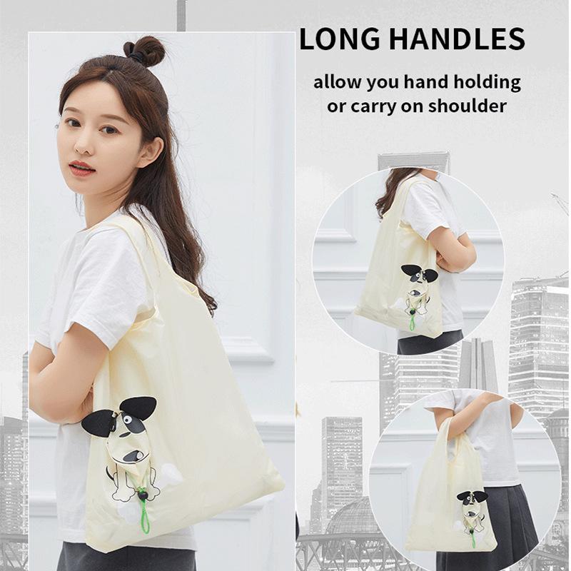 Eco-Friendly Folding Shopping Bag with Japanese Animal Cartoon Design, Large Capacity, Polyester 190T, Puppy Theme