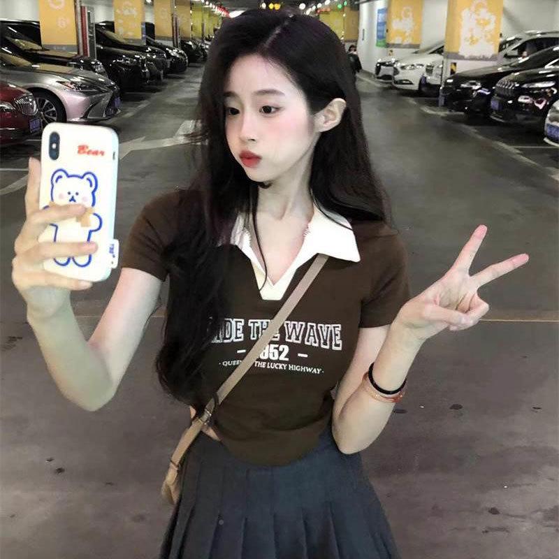 

Women s Summer Irregular Slimming Polo Collar Color Block T-shirt with Short Sleeves XL (52.5-60kg)