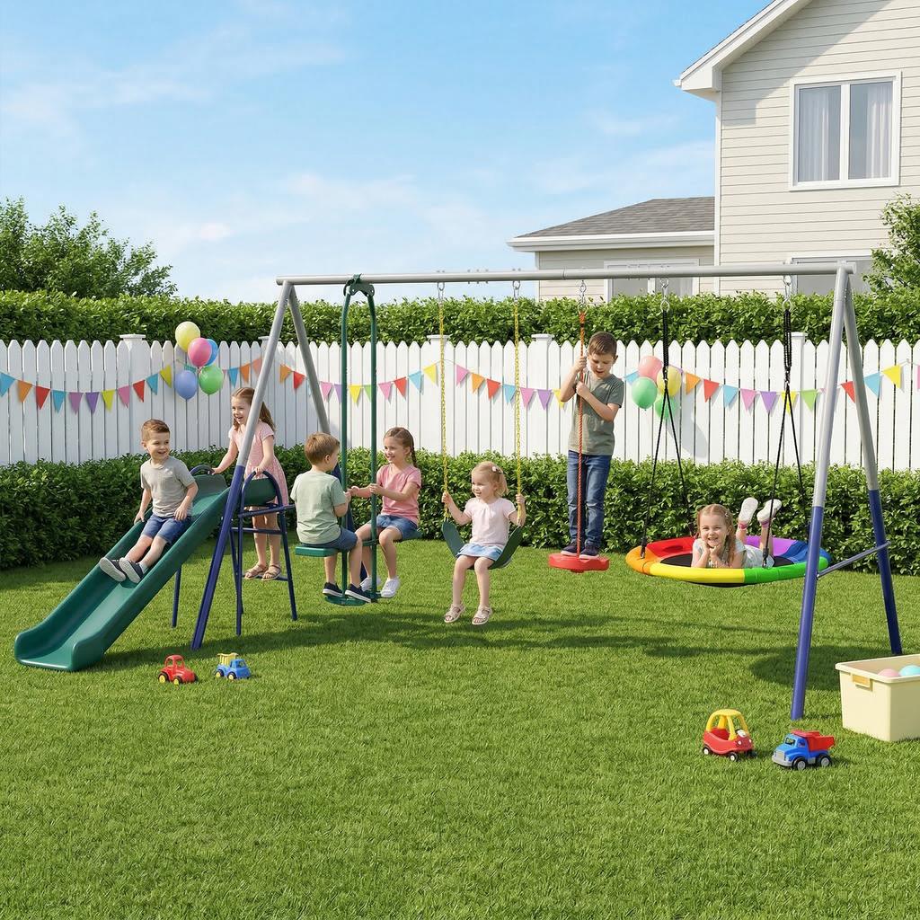 5-in-1 Swing Set with Slide Height-Adjustable Swing Frame with Nest Swing 382x196x203 cm Multicolor