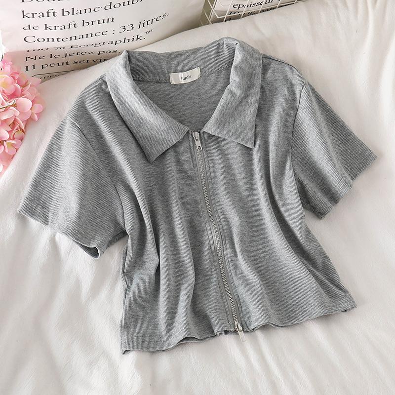 

IELGY Тонкая модная однотонная женская футболка с воротником-поло, топ с короткими рукавами и короткими рукавами XL серый
