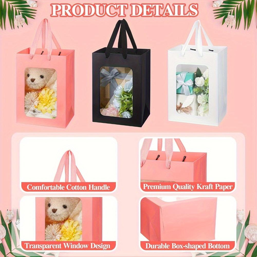 8pcs Gift Bags with Transparent Window Handles White/ Pink Gift Wrap Tote Bags for Birthday Party Favor Bags Weddings Present Festivals Party