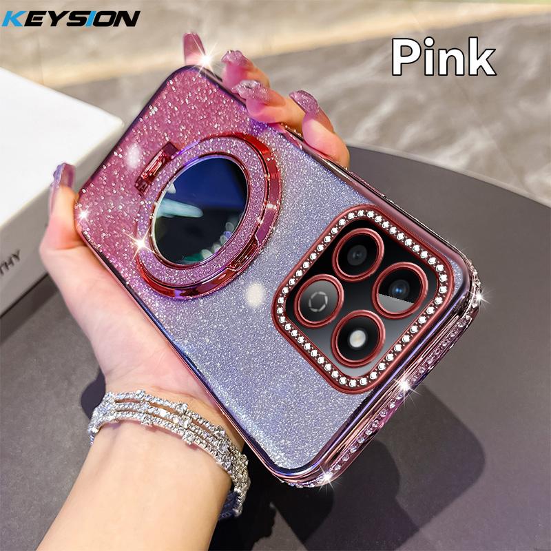 KEYSION Glitter Jewelled Magnetic Phone Case for HONOR X7c X8b X8A Makeup Mirror Stand Shockproof Cover for Honor 200 Smart 5G