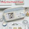Blue White Cat Pencil Case With Canvas Material For Students And Office Use