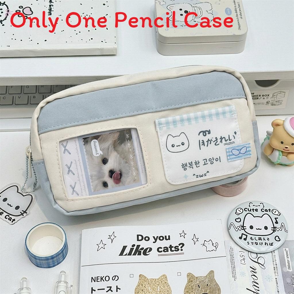 Blue White Cat Pencil Case With Canvas Material For Students And Office Use