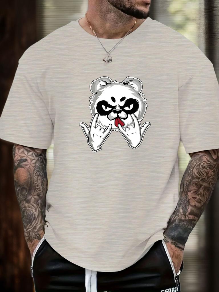 Mens Casual Tshirt Rock Panda Print Short Sleeve Round Neck Breathable Soft Oversized Edgy Trendy Daily Wear Tee