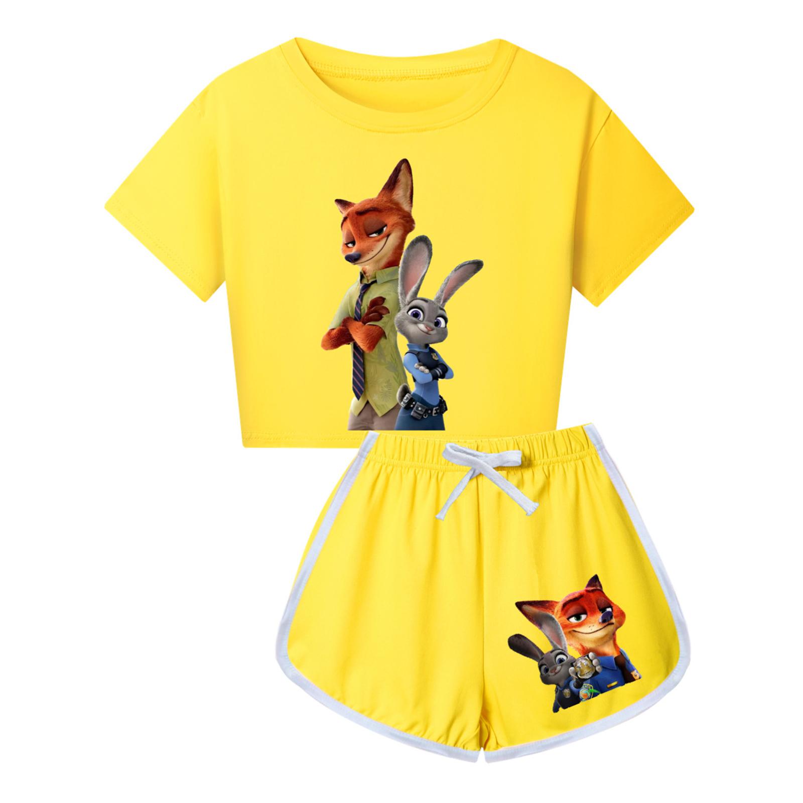 

Детская летняя спортивная футболка и шорты, комплект из 2 предметов, спортивный костюм, комплект одежды с коротким рукавом и принтом, кроп-топы 120 жёлтый