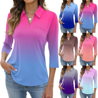 Women's Fashion Casual Lapel Short 3/4 Sleeve Print Shirt Women's Up Tops