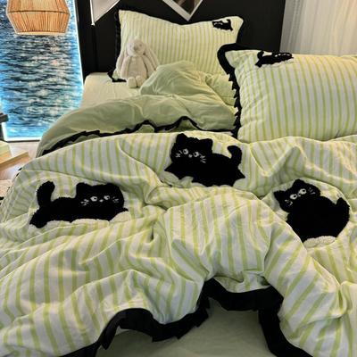 Juego de cama estilo coreano Raya verde Bordado de gato negro Algodón lavado Funda nórdica Lindo Cartón Ropa de cama Juegos de edredón