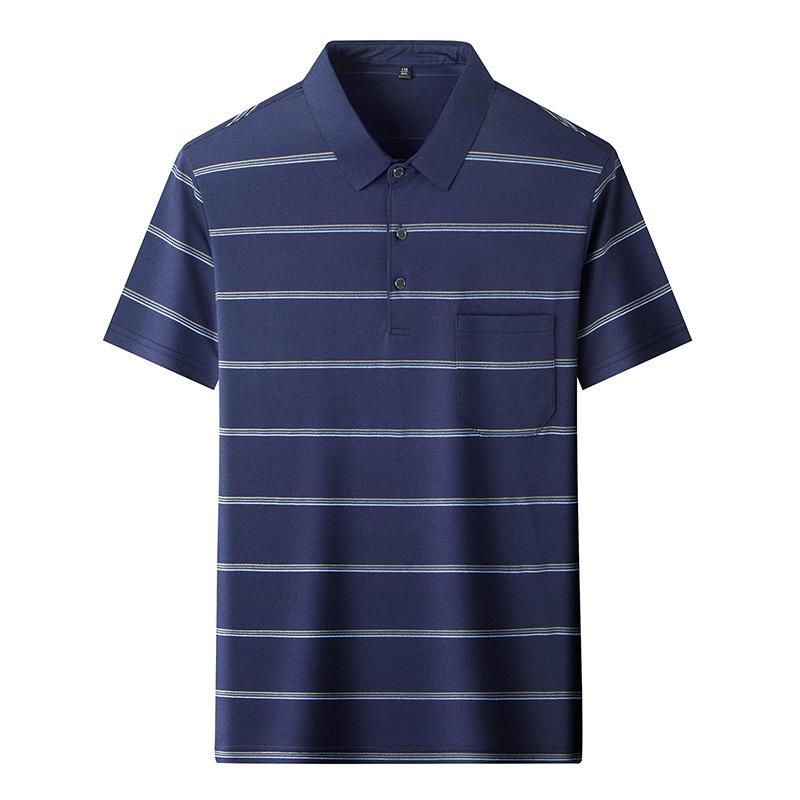 Ice Silk Short-Sleeved T-Shirt Men'S Mid-Lapel Collar Striped Printed Thin High-Elastic Polo Shirt Men'S