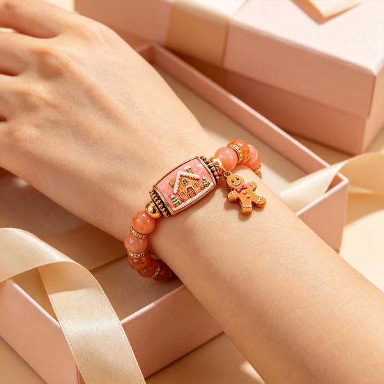 Metal Pendant Bracelets Christmas Story Beaded Bracelet, Bracelet with Santa Reindeer Snowman House Candy Comfortable Elastic Cane Tree Pattern,