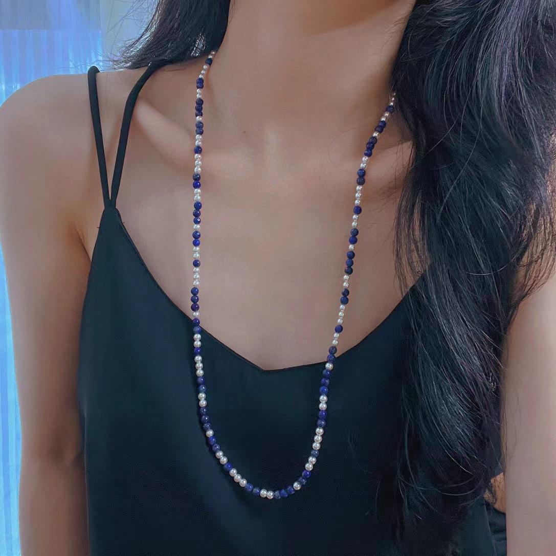 

Vintage Natural Lapis Lazuli Cold White Shijia Pearl High-End Long Chain Sweater Chain Necklace Neck Chain