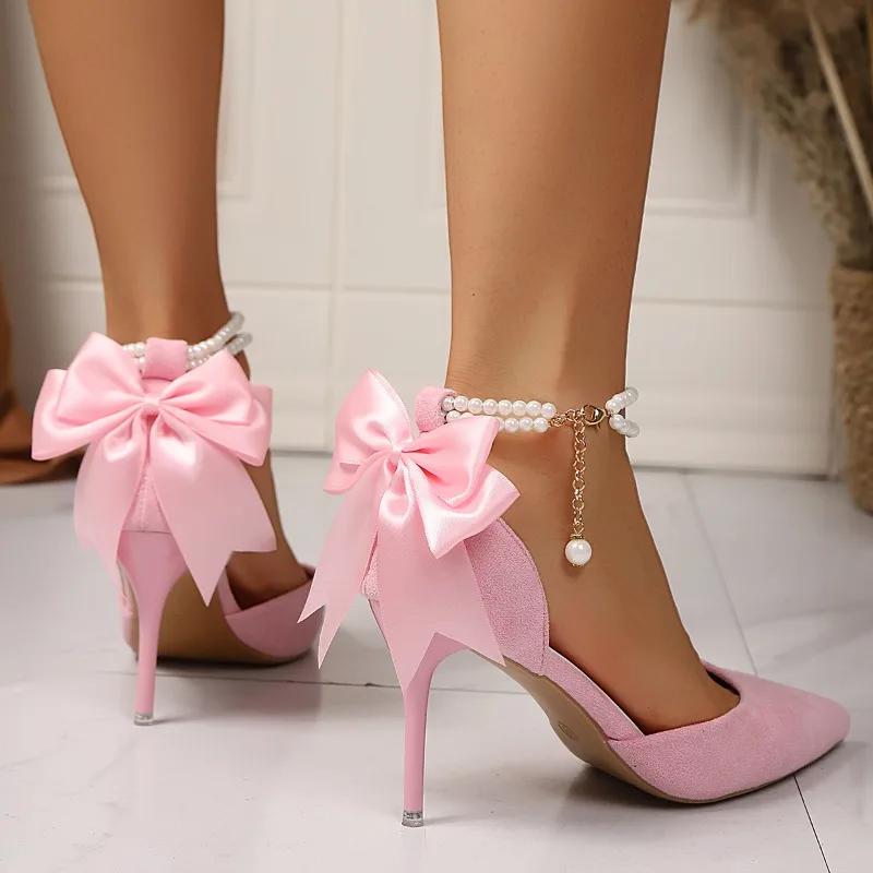 Mode 2025 Sommer Neue Stiletto-Sandalen Damen Nische Knöchel Perlen Sanftes Temperament Baotou High Heels