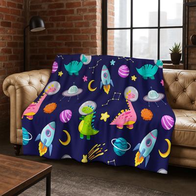 Child Cartoon Dinosaur Space Planet Flannel Blanket Soft Warm Blanket for Bedroom Room Living Room Office Travel Camping Picnic