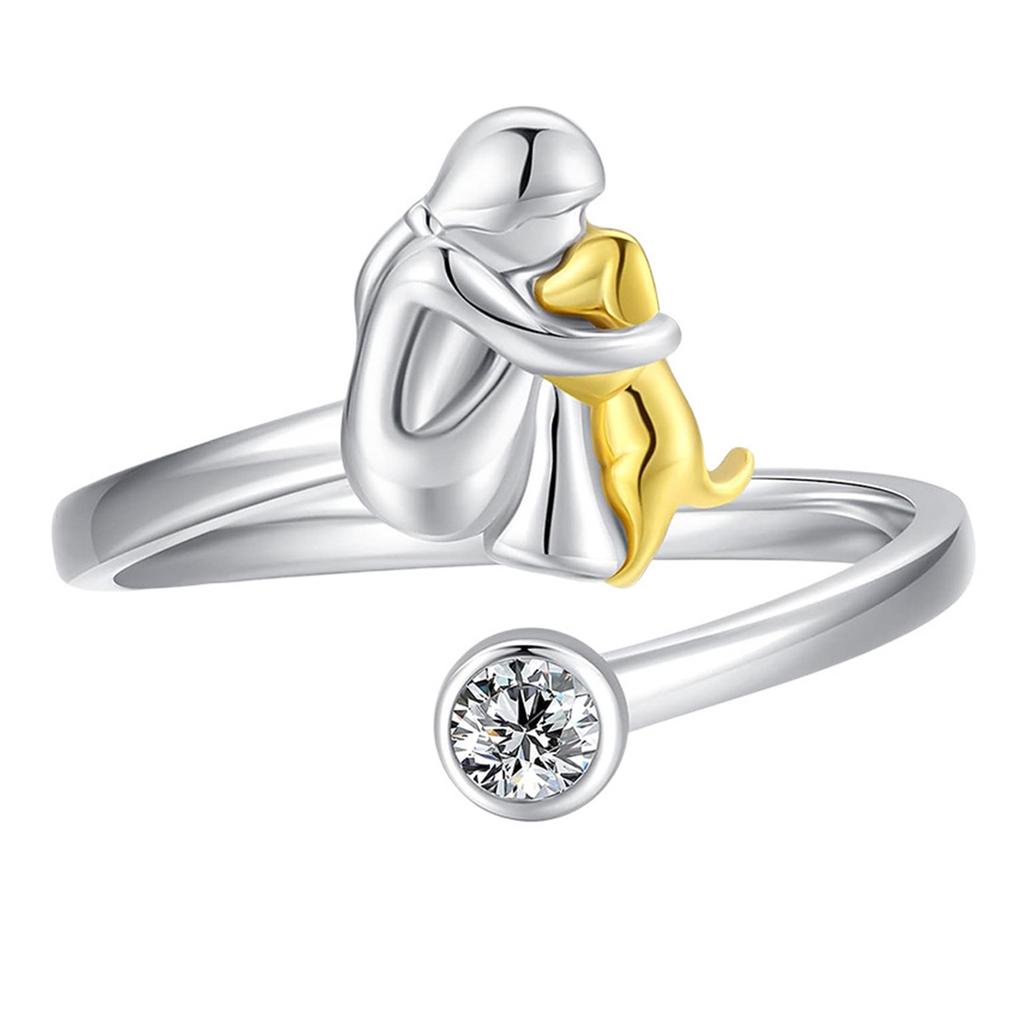 Open Heart Rings Symbolizing Love and Companionship Girl and Dog Designs Resizable Electroplated Jewelry
