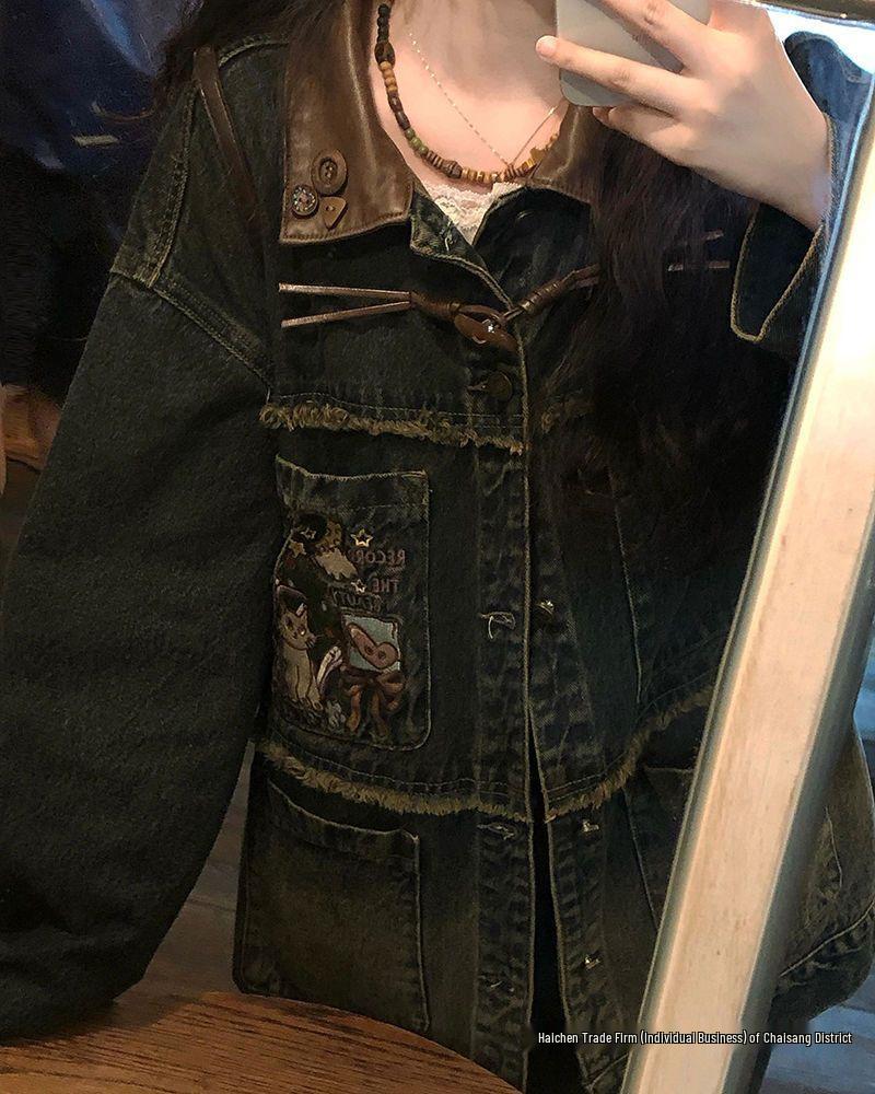 2025 Playful Green Embroidered Denim Jacket - Spring/Autumn Retro Style | Free Shipping