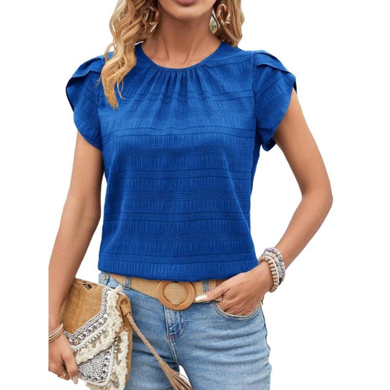 Летний женский новый стиль, круглый вырез, рукава-лепестки, элегантный, плиссированный, короткий рукав, пуловер, топ S синий
