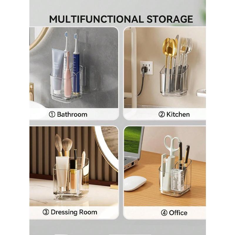 1pc Transparent Toothbrush Holder, Compartment Wall Mount Storage Rack, Creative No-Drill Bathroom Organizer