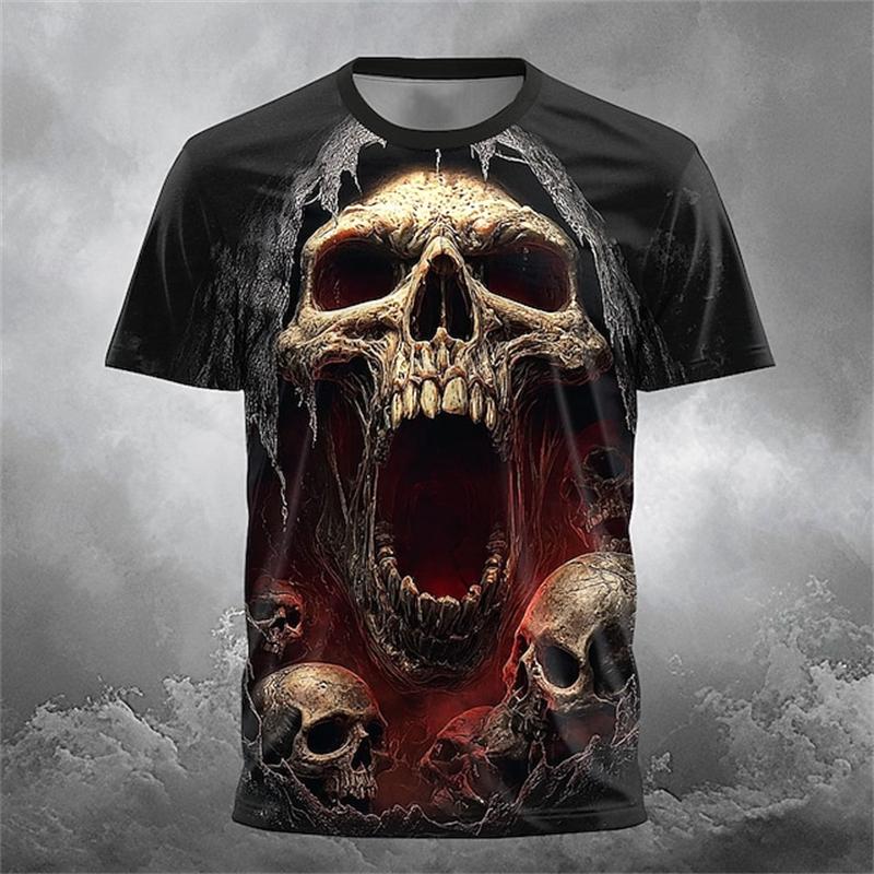 T-shirt da uomo con stampa teschio horror, estate, girocollo, manica corta, alla moda, vestibilità larga, abbigliamento streetwear vintage da uomo