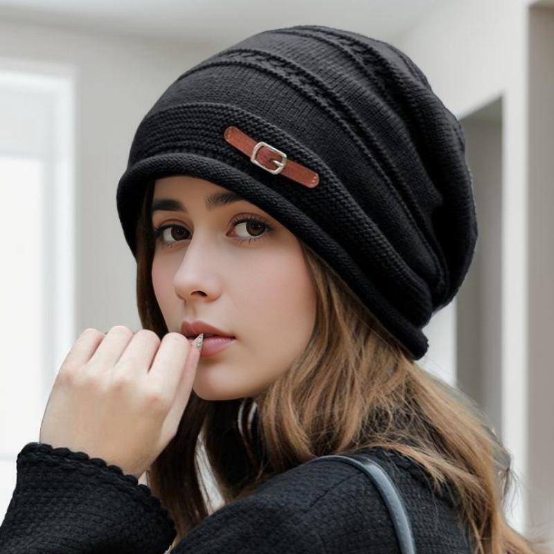 Autumn and Winter Knitted Wool Hat Loose Hat Women's Velvet Fashion Versatile Stack Hat Shows Small Face