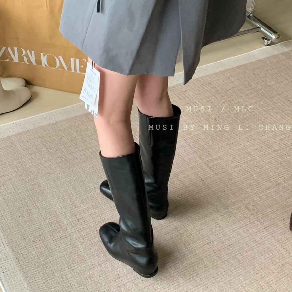 2025 European and American Style Fashionable and Simple Long Boots Versatile Winter Women's Boots Medium Heel Wedge Inner Height Increase Wide Tube Hi