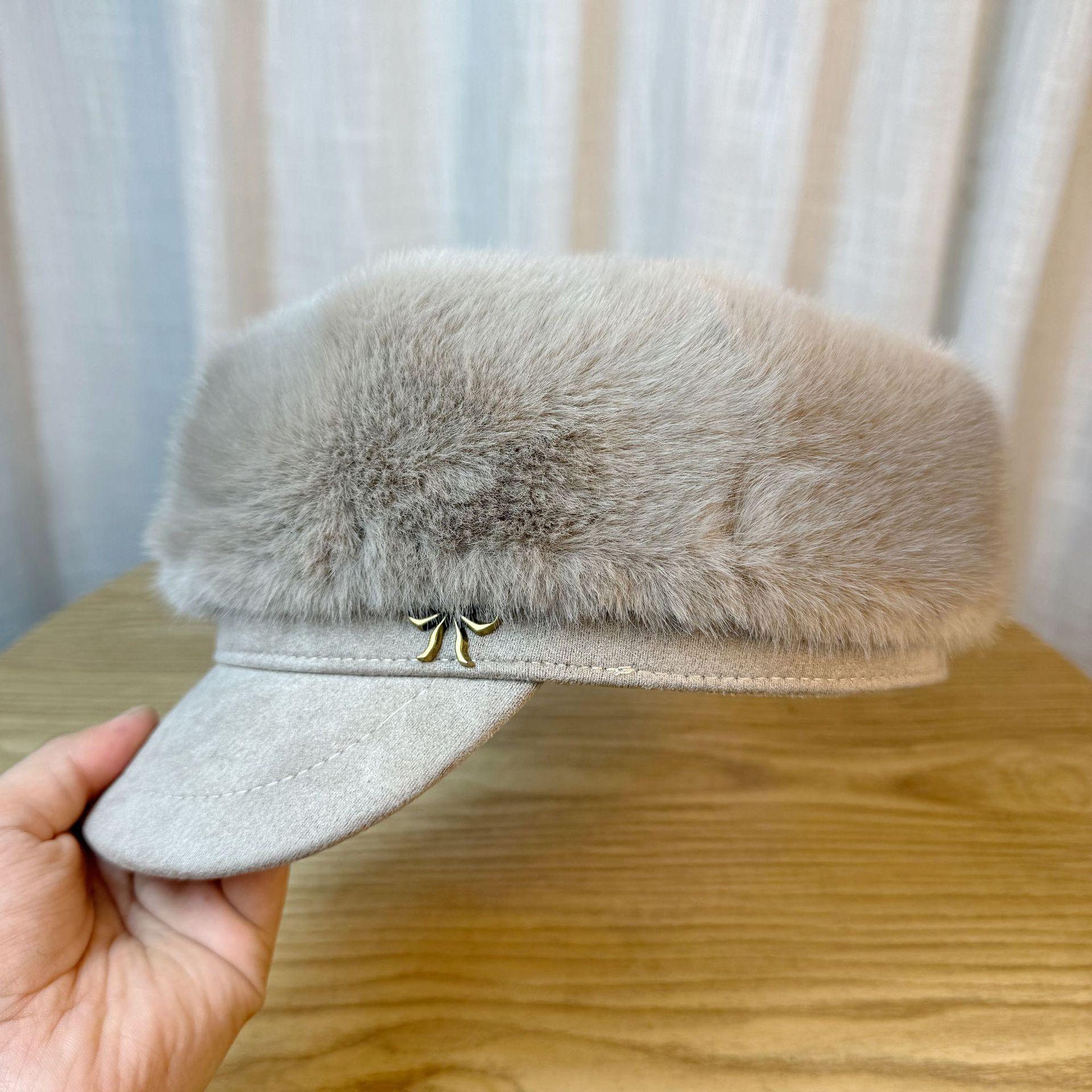 

Plush Women s Leather Brim Shows The Face Small Autumn and Winter Warm Beret Imitation Mink Newsboy Hat Octagonal Hat Tide one size