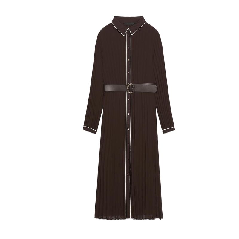 

Осенняя женская одежда Контрастная отделка пэчворк Лацкан Длинный рукав С поясом Плиссированное миди-платье 4387225 Brown L