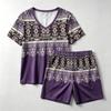 Summer Fashion Bohemian Style Geometry Pattern Printed V- Neck Short Sleeved T-Shirt And Shorts Set Women's and Men's T-shirt Shorts Set