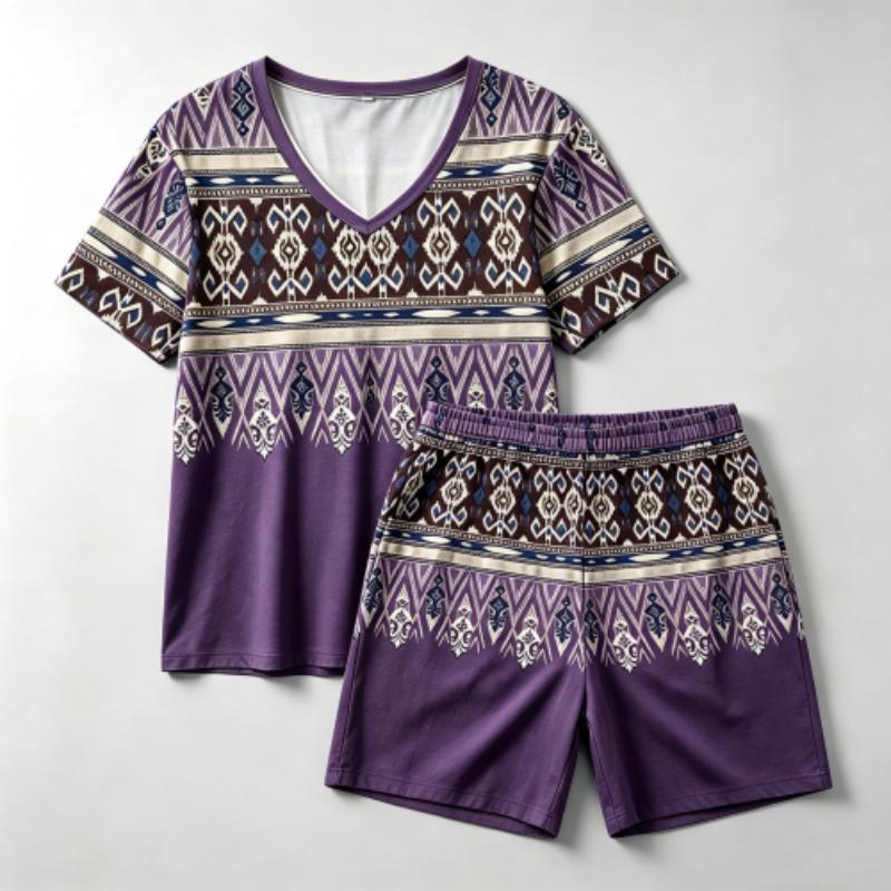 Summer Fashion Bohemian Style Geometry Pattern Printed V- Neck Short Sleeved T-Shirt And Shorts Set Women's and Men's T-shirt Shorts Set