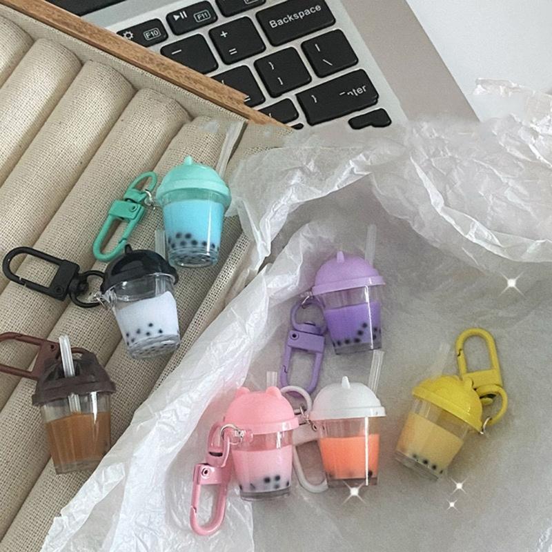 Bubble Tea Keychain Pendant Resin Cup Bag Charm with Split Keyring and Spring Clasp for Keys, Small Bags, and Zipper Pull