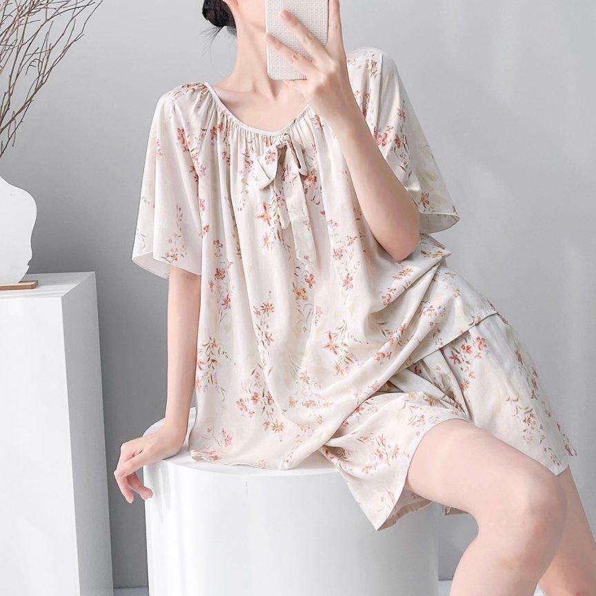 1011 New cotton and silk pajamas women's spring summer short-sleeved shorts printed suit cute fashion loungewear