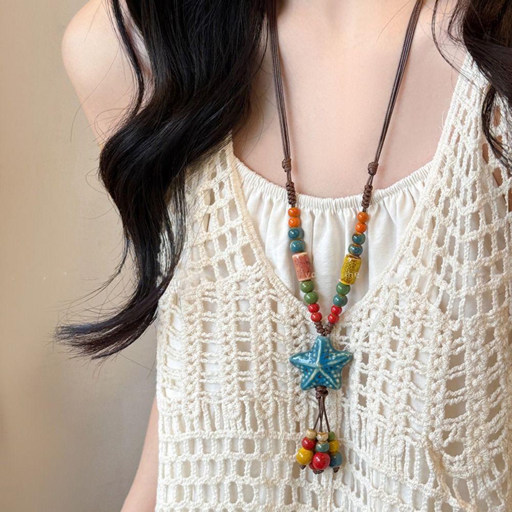 Tassel Long Sweater Chain Ceramic Bohemian Style Necklace Sweet Ethnic Style Necklace  Gift