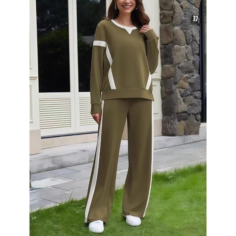 YYFS Women's Fashion Casual Spring Autumn Colour Block Print Long Sleeve O-Neck Trousers Pants Suits