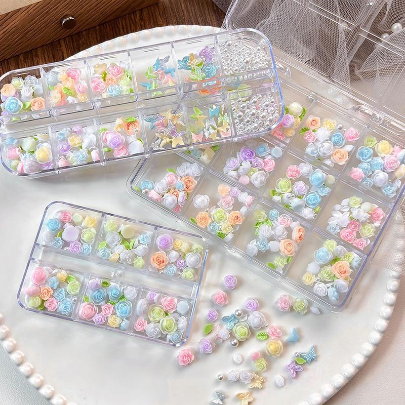 6/12 Grids 3D Camellia Rose Flower Nail Art Charms Mixed Floral Butterfly Pearl Nails Decor For Diy Crafts Manicure Accessory