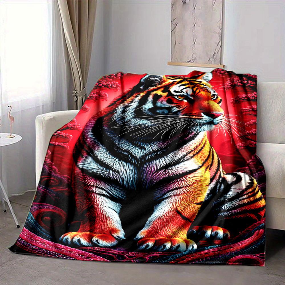 1pc Tiger Print Blanket Lightweight Flannel Blanket Throw Blanket For Sofa, Bed, Travel, Camping, Livingroom, Couch, Chair, And Bed yy2509026206