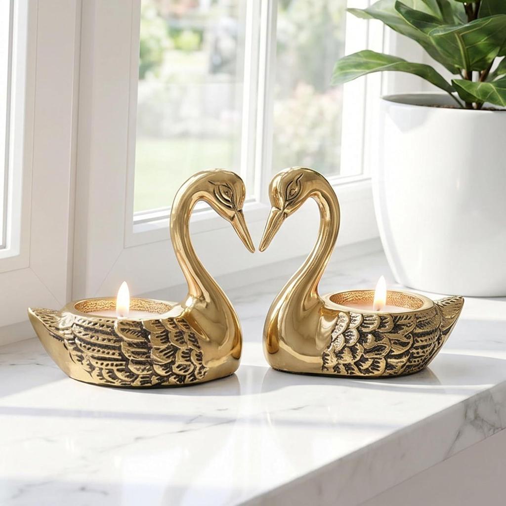 Aluminium Pair of Swans Tea Light Candle Holder with 2 T-Light Candles for Home Décor Living Room | Decorative Romantic Swan Couple Showpiece