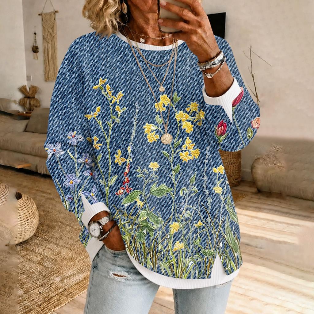 Women's Retro Floral Print Long Sleeve Pullover Top with Casual Round Neck