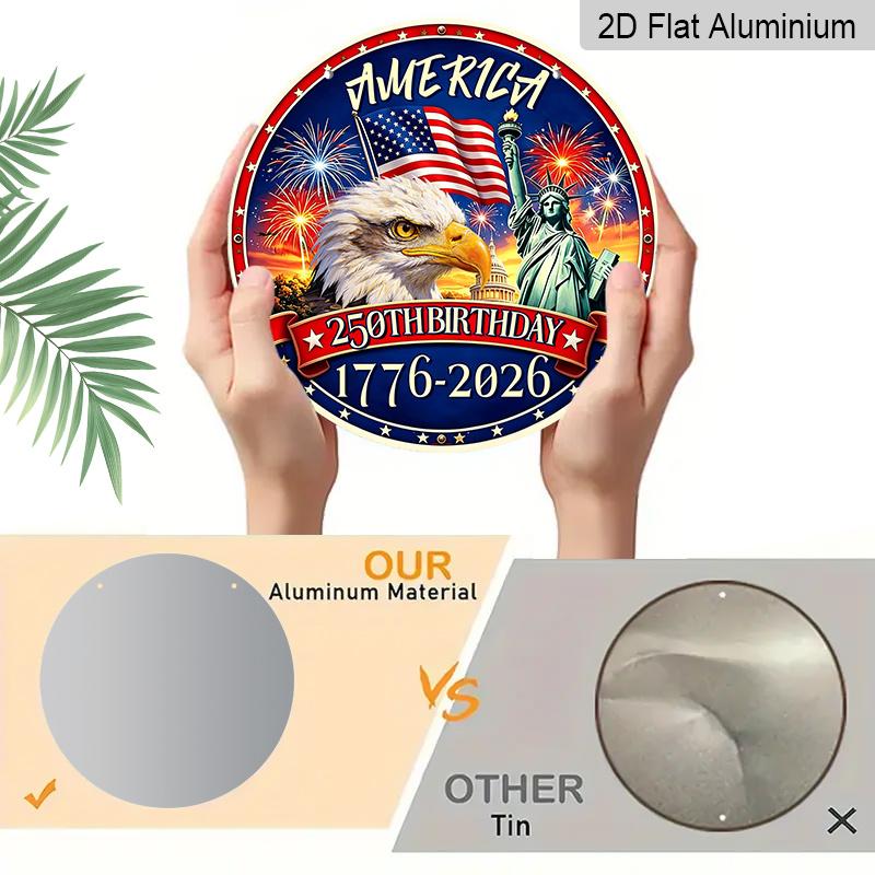 2D Flat 1pc America 250th Birthday 1776-2026 Patriotic Sign, Metal Wreath Round Sign, Decoration Plaque, Bedroom Door Decor, Outdoor Plaque & Wall
