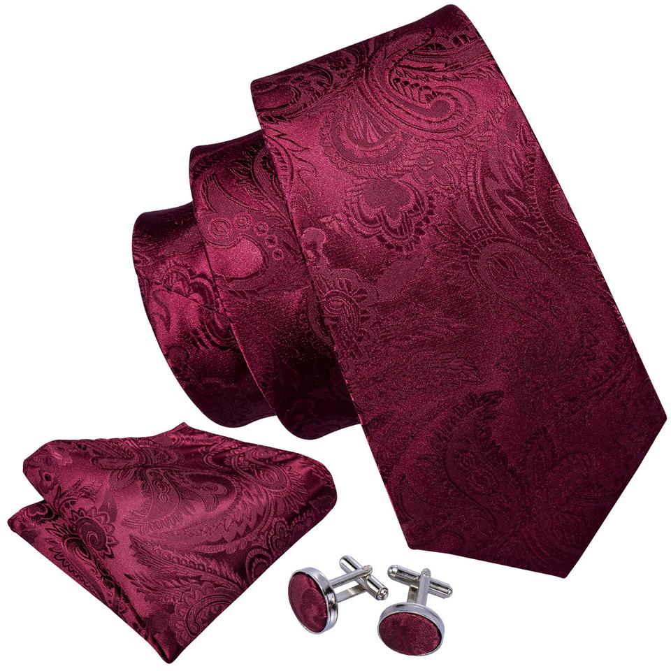 Barry.Wang Tie with Brooches for Men Paisley Flower Necktie Hanky Cufflinks Set Wedding Designer Formal