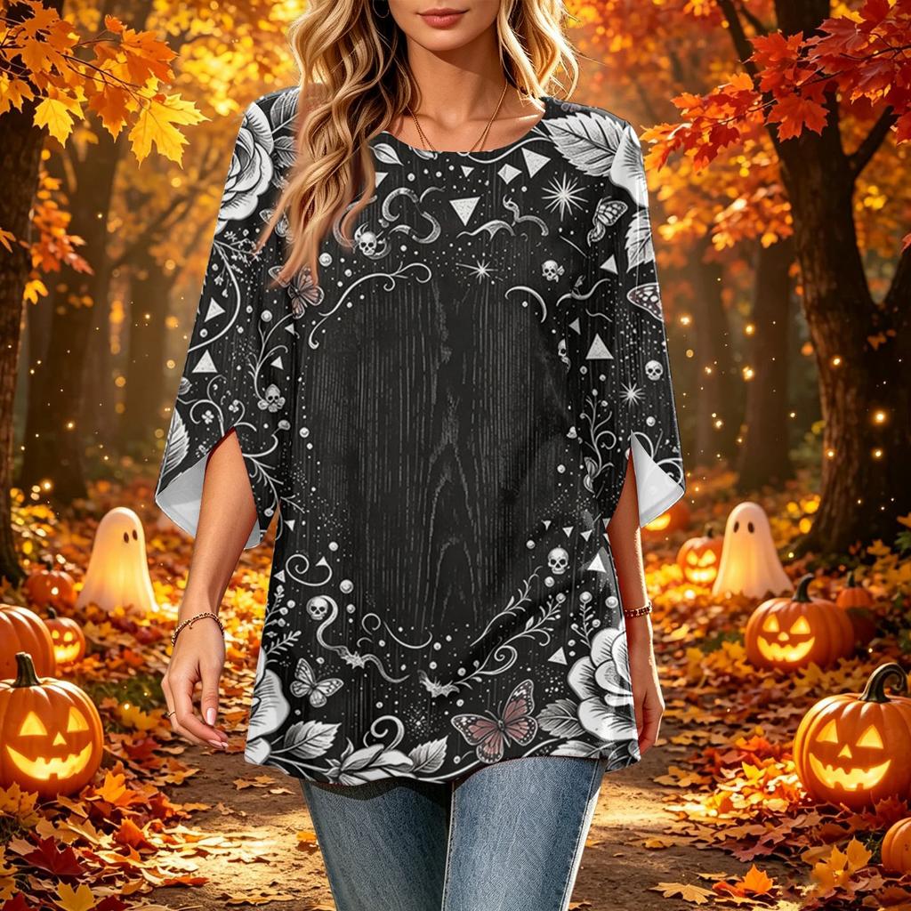Women's Halloween Printed Casual Loose Fit Top with Three-Quarter Sleeves and Round Neck